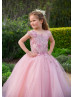 Mauve Lace Tulle V Back Floor Length Flower Girl Dress